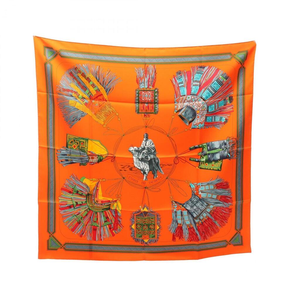 Hermes Carre 90 CUIRS DU DESERT Scarf/Muffler, Silk, Women's, Orange/Multicolor
